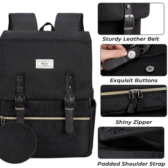 Roynes Vintage Inspired Black Daypack Backpack Laptop Bag - Picture 7 of 8